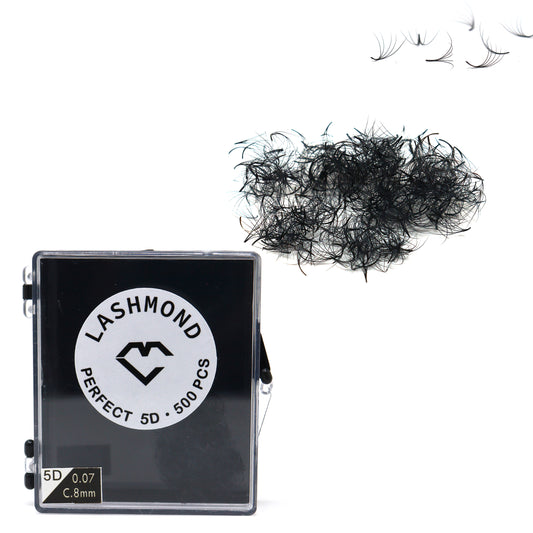 500 PCS 5D Premade Fans Short Stem Eyelash Extensions - 0.07mm C Curl, 7mm to 15mm Length