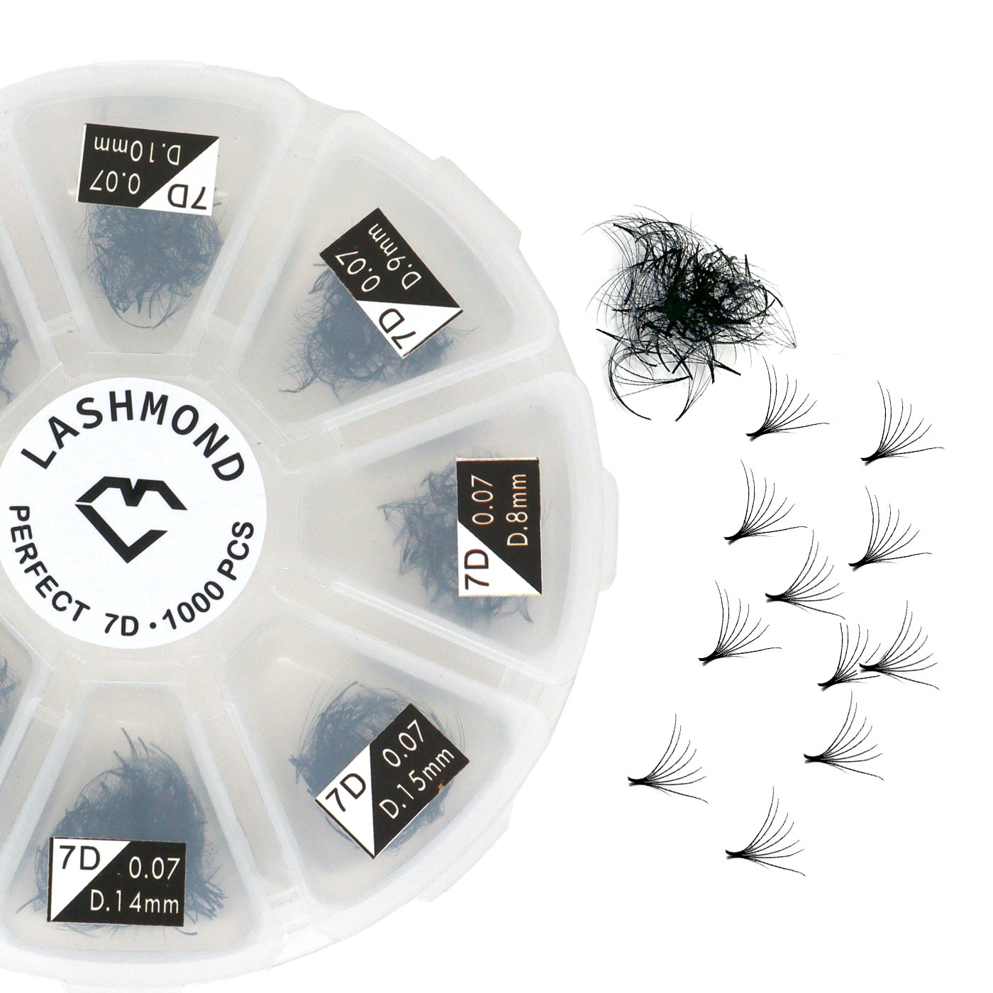 1000 PCS 5D/7D Premade Fans Short Stem Eyelash Extensions - 0.07mm C Curl/ D Curl, Mix Length 8 mm to 15 mm